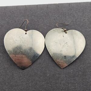 Silver Tone Metallic Heart Statement Earrings Large Dangle Drop Eclectic Bold
